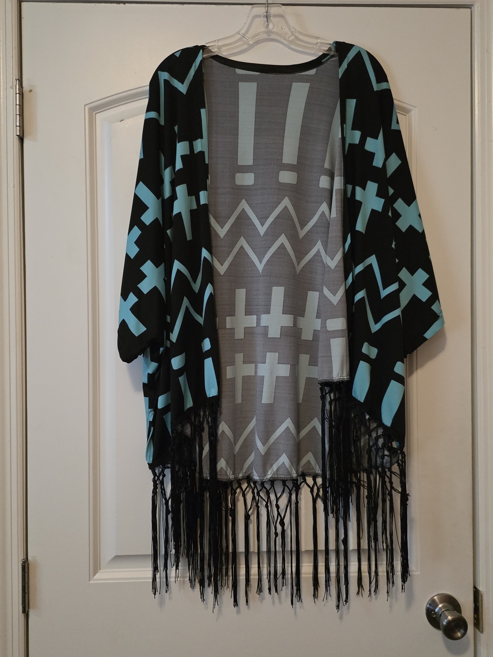 Fringe Kimono Cross Cardigan in Black and Teal
